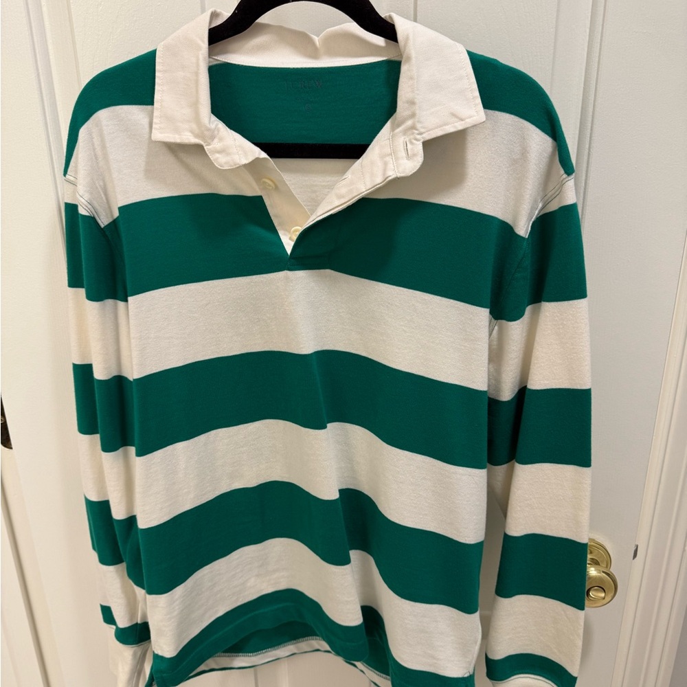 Green and White Striped Rugby Shirt